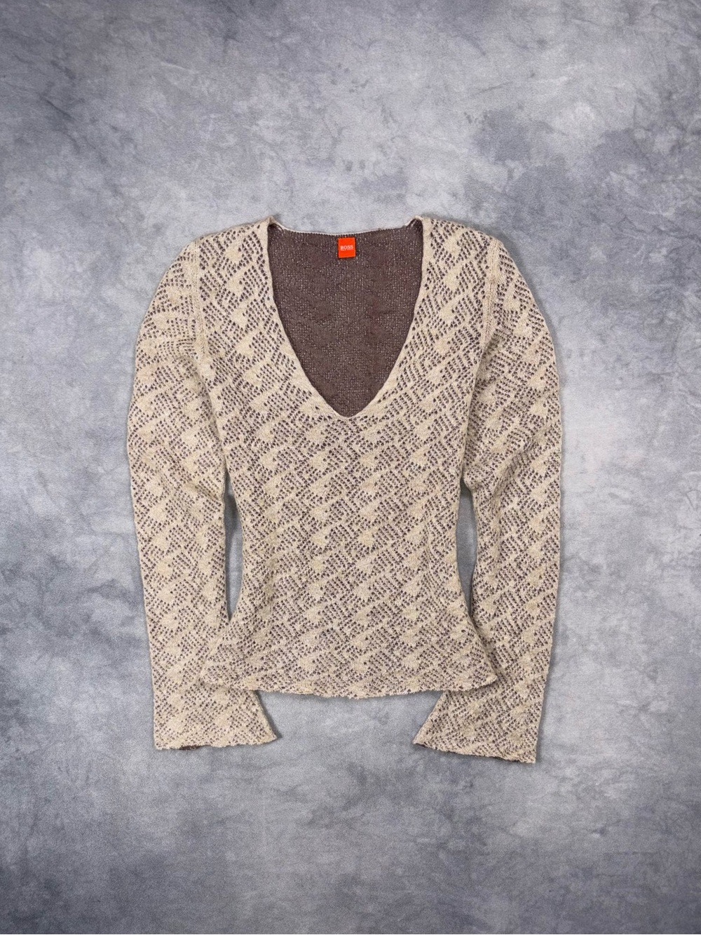 Vintage Hugo Boss Mohair Blend Deep V-Neck Open Knit Flared Sleeve Y2K Sweater